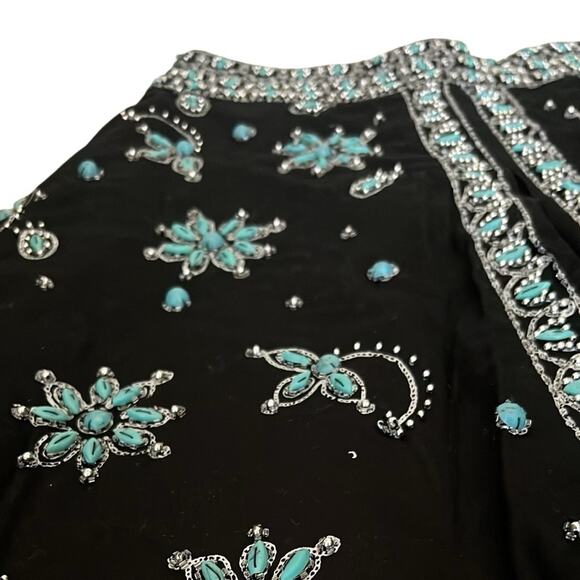 Basil & Maude Vintage Women’s High Waisted Turquoise Beaded Black A Line Skirt - Picture 4 of 10